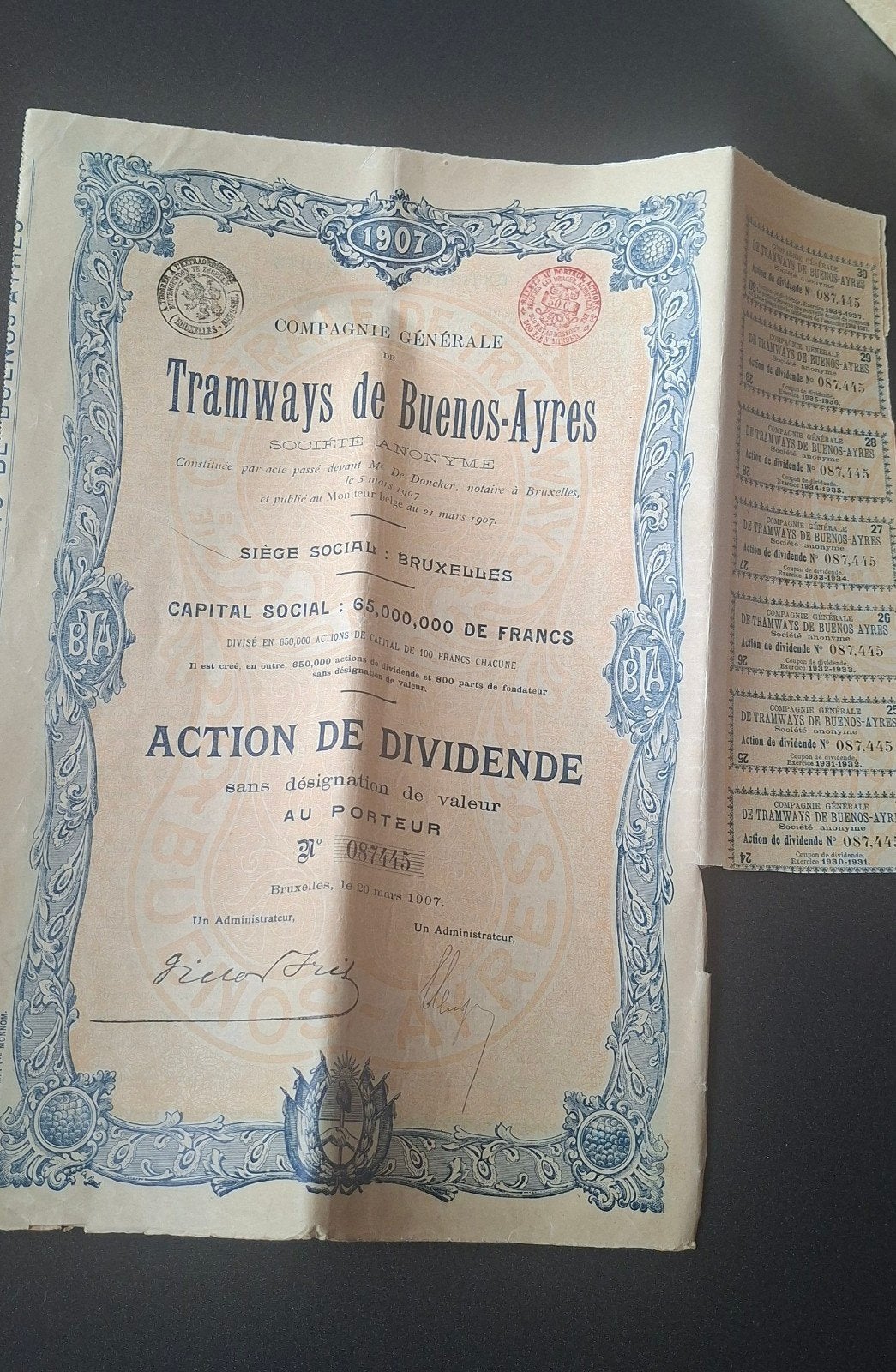 Historisch scripofilie 1907 – Tramways de Buenos Ayres, Ophalen of Verzenden, Aandeel