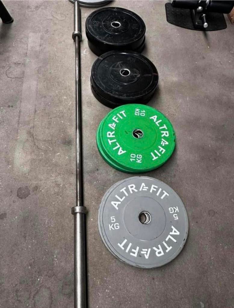 100kg Bumperplates + Olympische Barbell 220cm, Sport en Fitness, Fitnessmaterialen, Gebruikt, Halterschijven, Ophalen