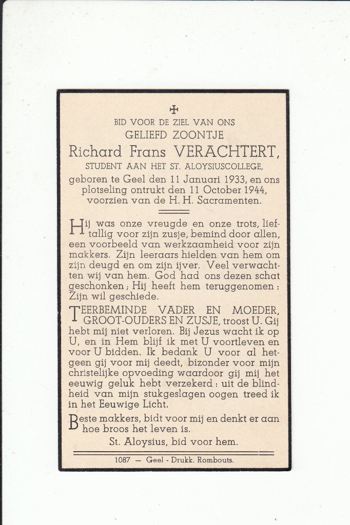 Slachtoffer WO II - ontploffing oorlogstuig in Geel 1944, Verzamelen, Bidprentjes en Rouwkaarten, Verzenden, Bidprentje