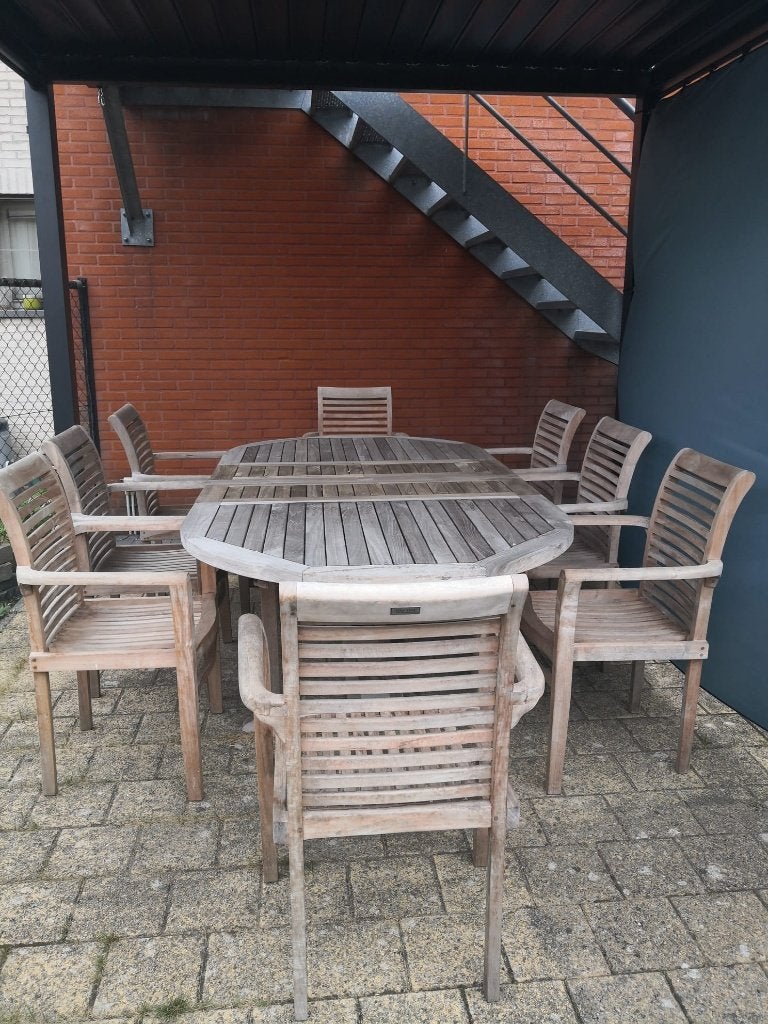 Teaken tuintafel met stoelen, Tuin en Terras, Tuintafels, Ophalen, Gebruikt, Ovaal, Teakhout