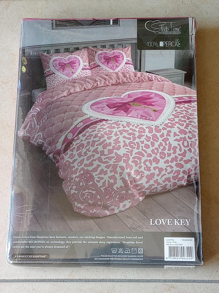 Housse de couette 1 personne Love Key, Neuf, Enlèvement ou Envoi, Rose, Housse de couette