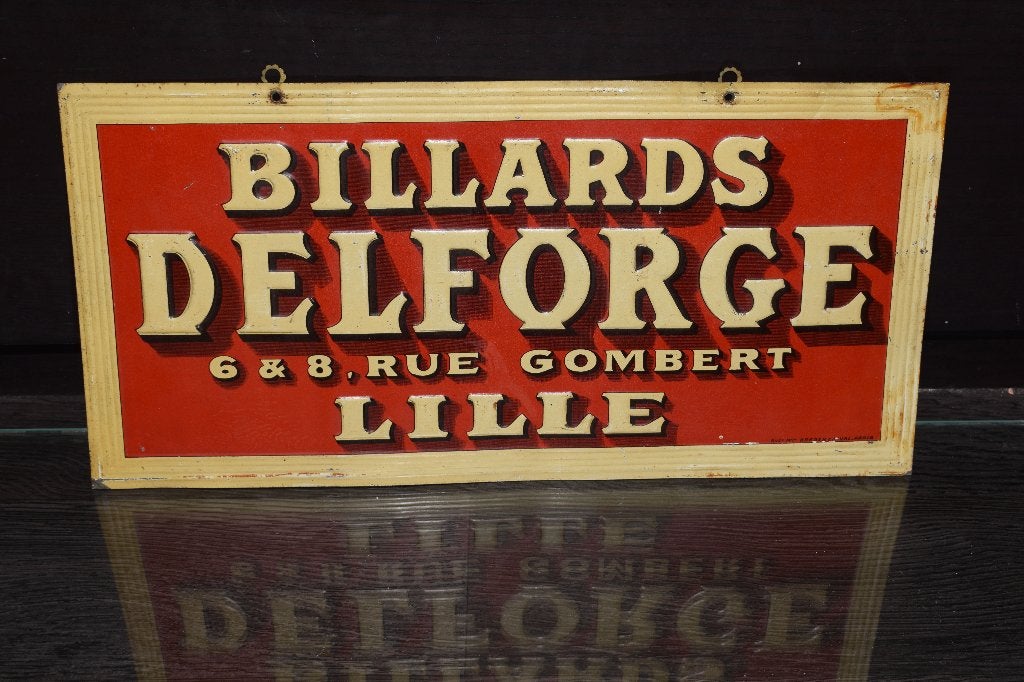 rare plaque publicitaire billards delforge 1910 1920, Collections, Marques & Objets publicitaires, Enlèvement ou Envoi, Utilisé