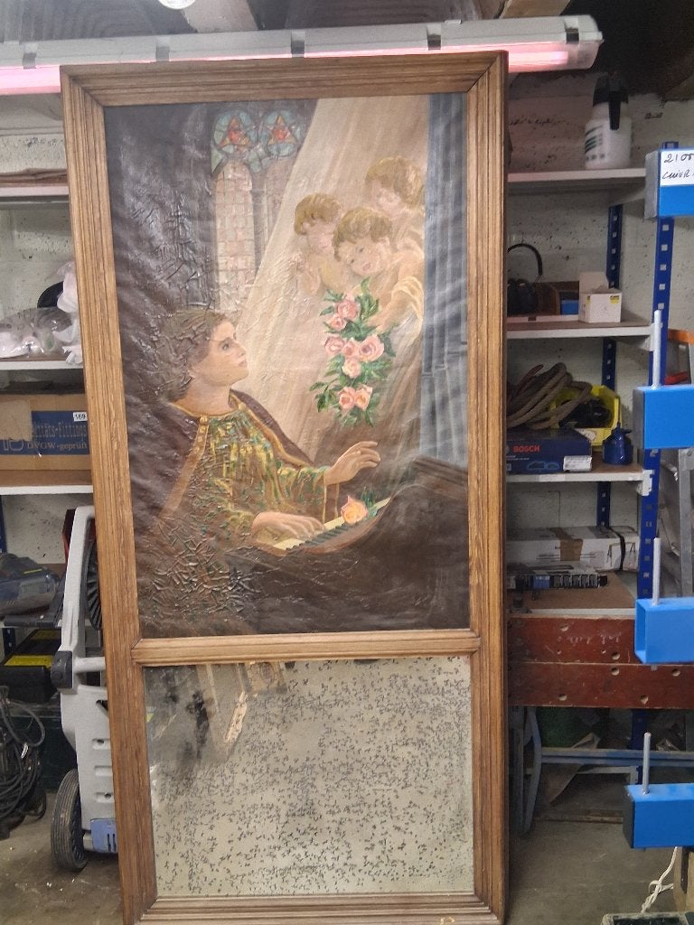 .Grand miroir trumeau : Peinture Sainte Cécile et Anges, Autres sujets, Peinture à l'huile, Enlèvement, Vintage