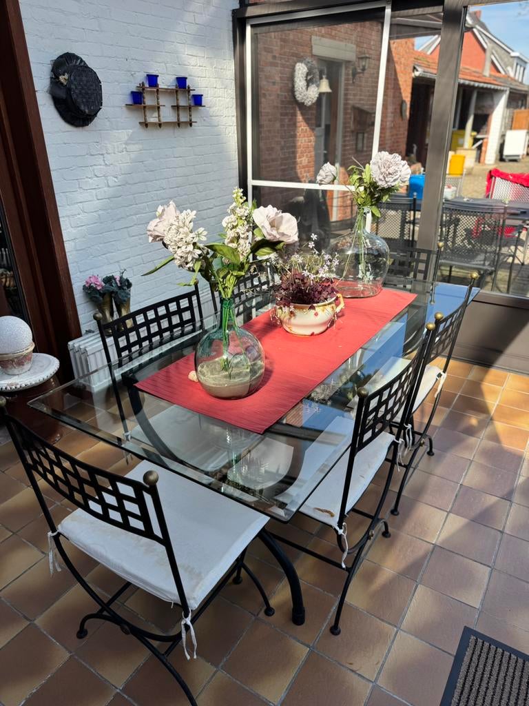Glazen tafel met zes stoelen, Tuin en Terras, Tuinsets en Loungesets, Ophalen, Zo goed als nieuw