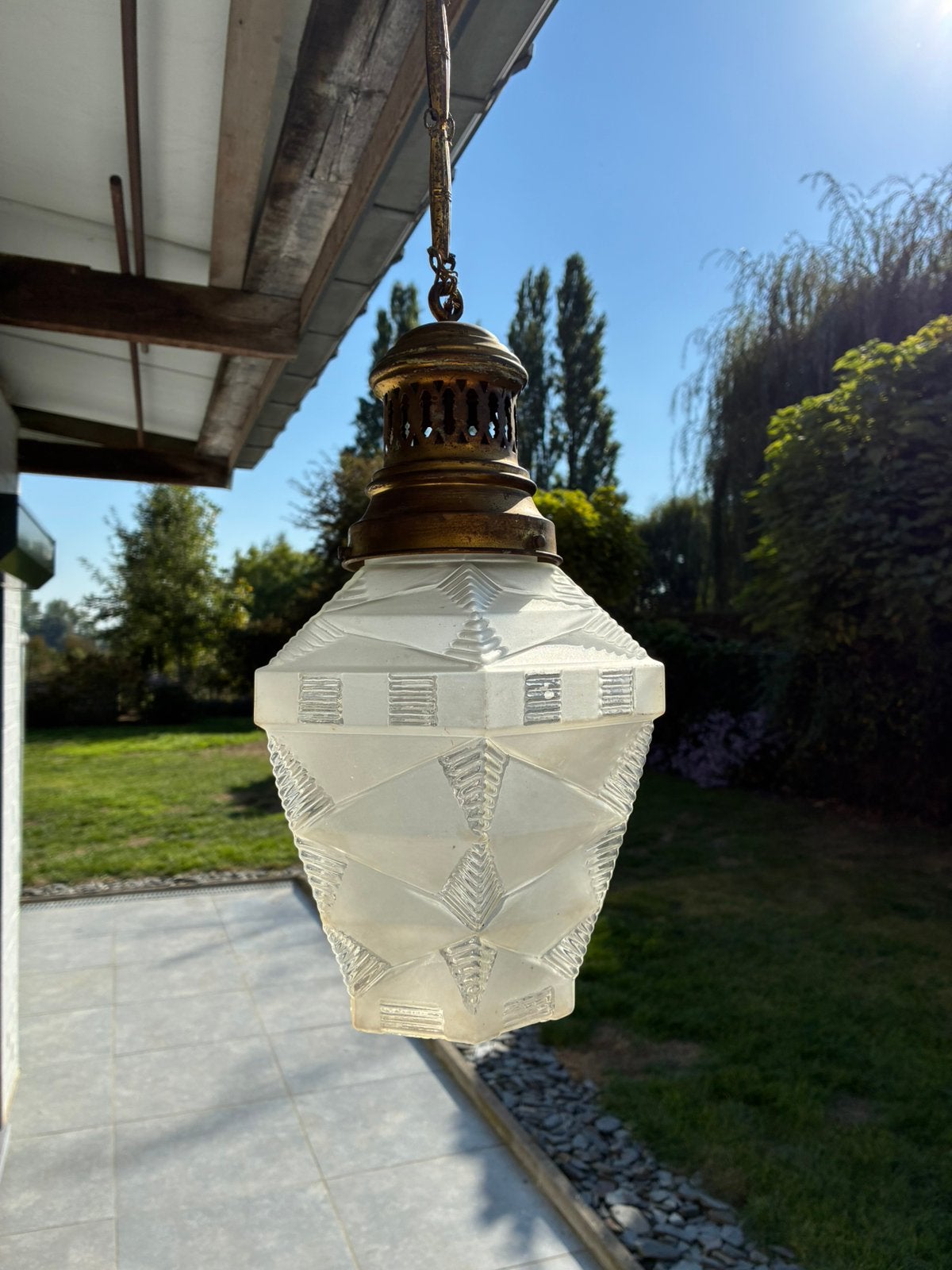 Suspension art deco - verre dépoli motifs géométriques, Ophalen of Verzenden, Zo goed als nieuw