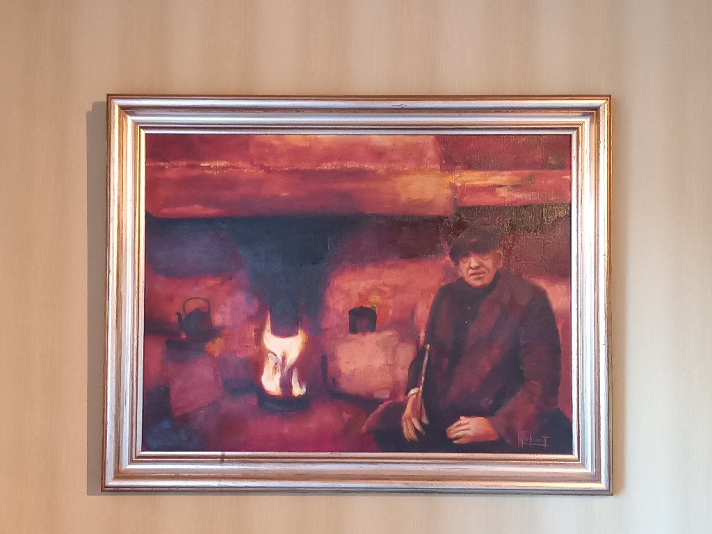 Schilderij - Man bij Haard, Antiquités & Art, Art | Peinture | Classique, Autres sujets, Enlèvement, Signé, Peinture à l'huile