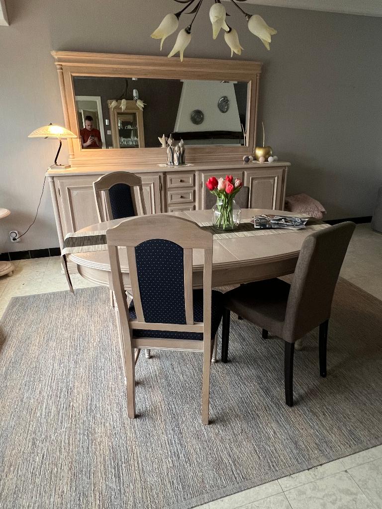 Eetkamer (tafel, 6 stoelen, dressoir, spiegel & glazen kast), Huis en Inrichting, Ophalen, Gebruikt, 4 tot 6 stoelen