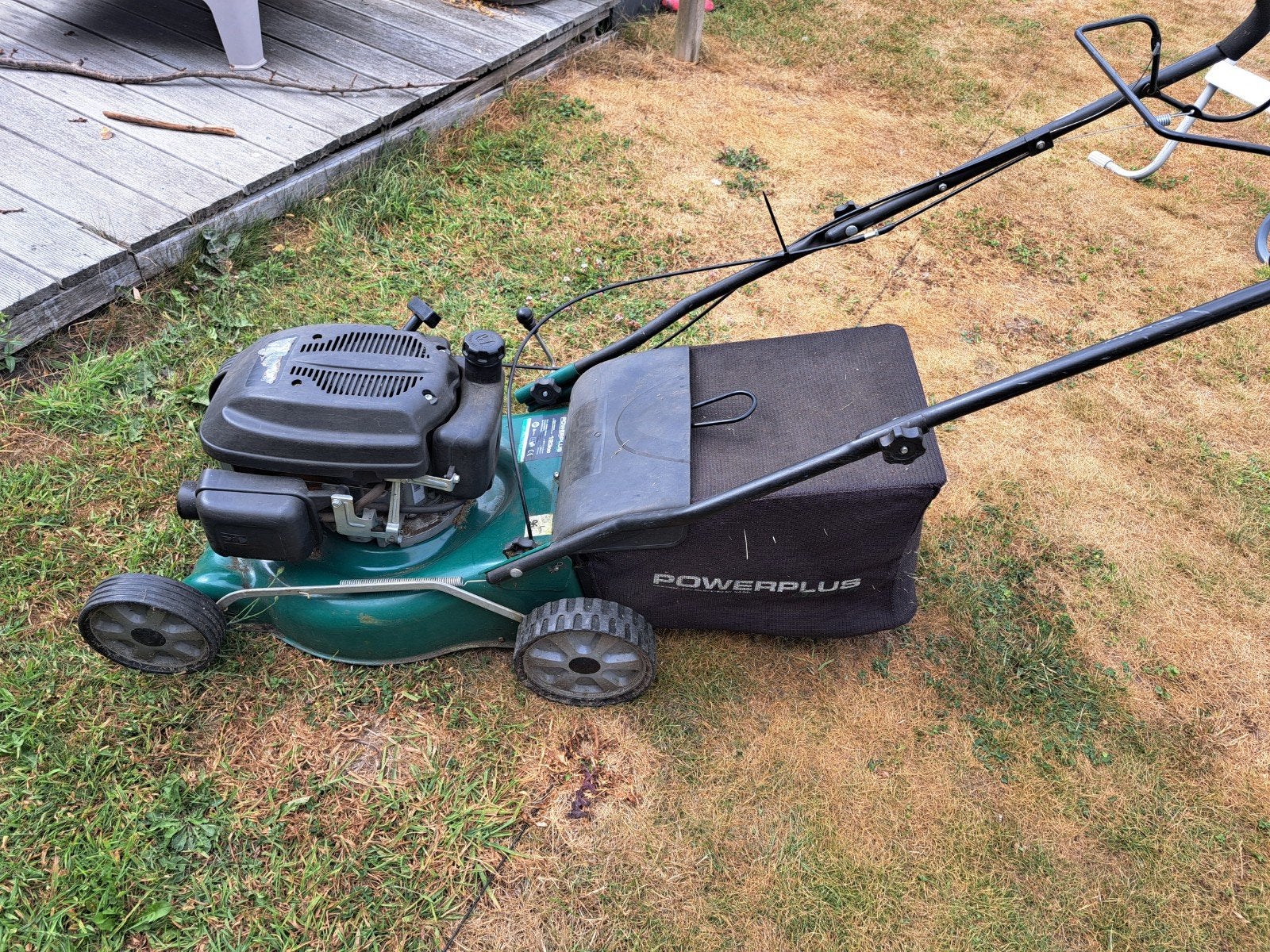 grasmachine Power Plus, zelftrekker benzine, Ophalen, Cirkelmaaier, Gebruikt, Opvangbak