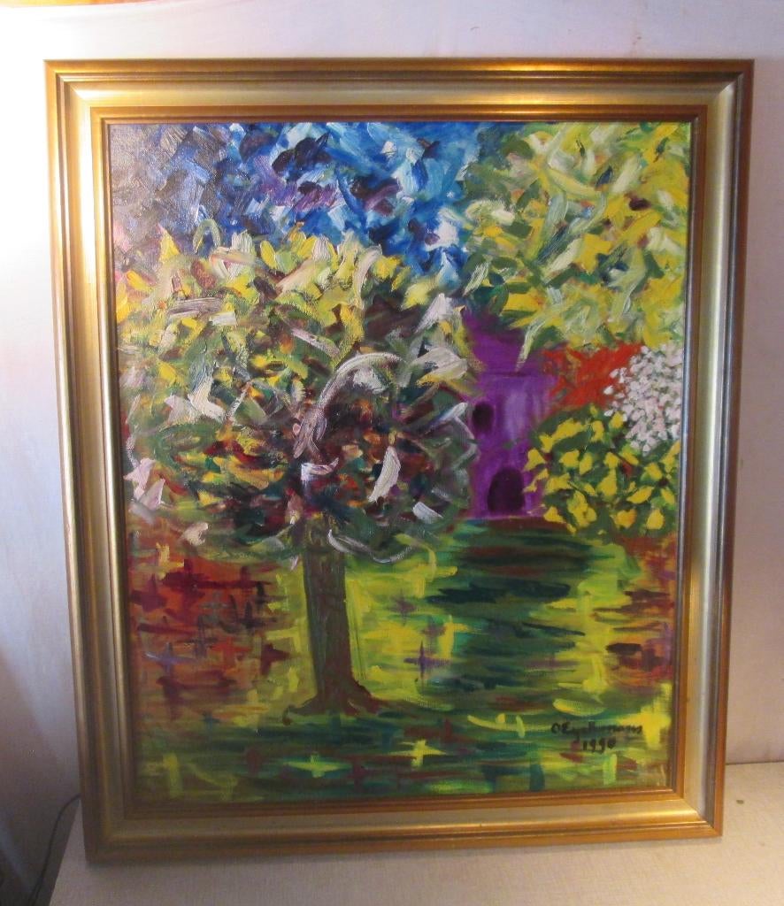 Mooi Modern Geschilderd Werk 'Bomen en Huis' - gesigneerd, Ophalen of Verzenden