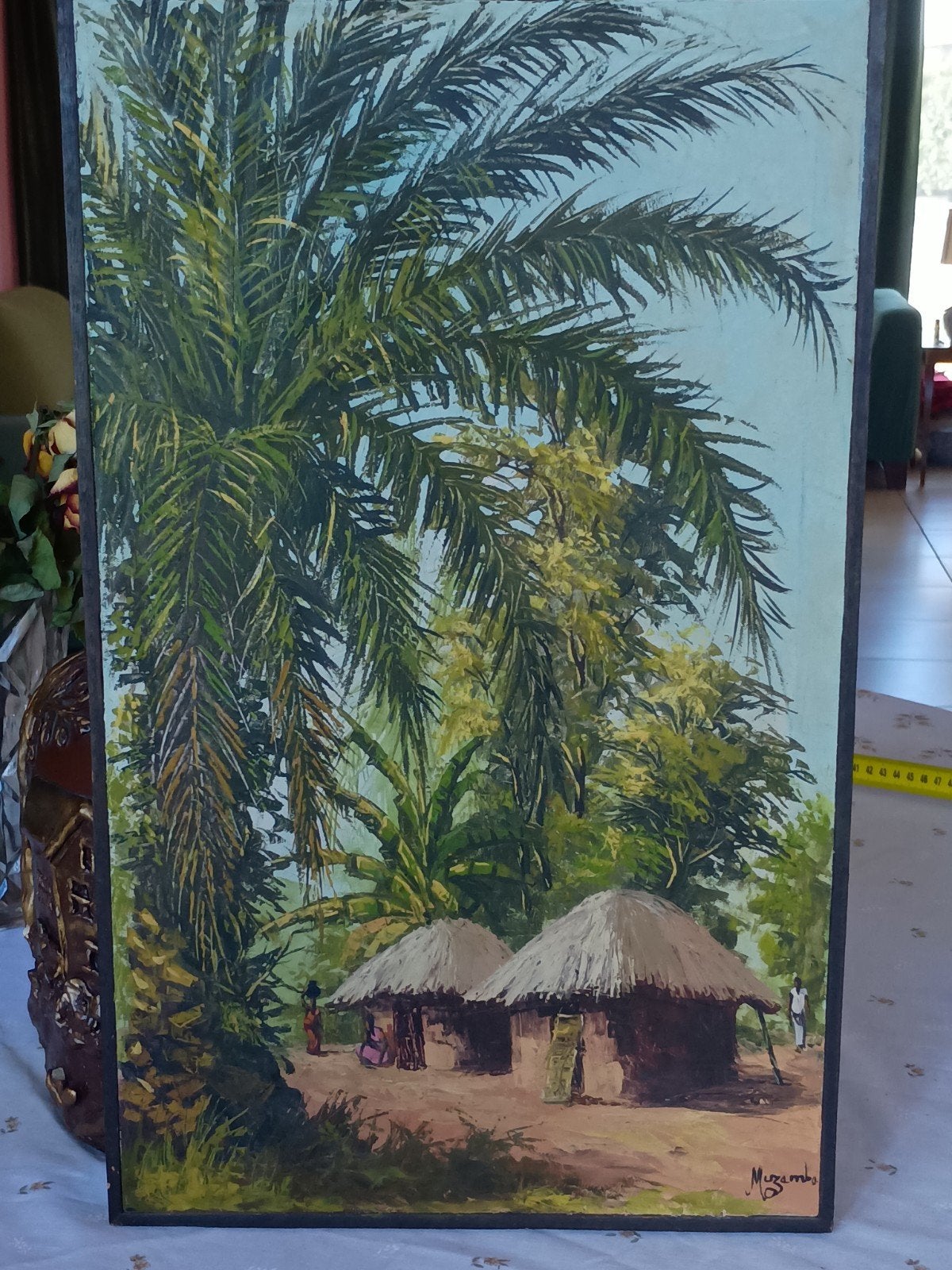 Origineel Congolees schilderij - Dorpsgezicht door Muzambo, Antiquités & Art, Enlèvement ou Envoi
