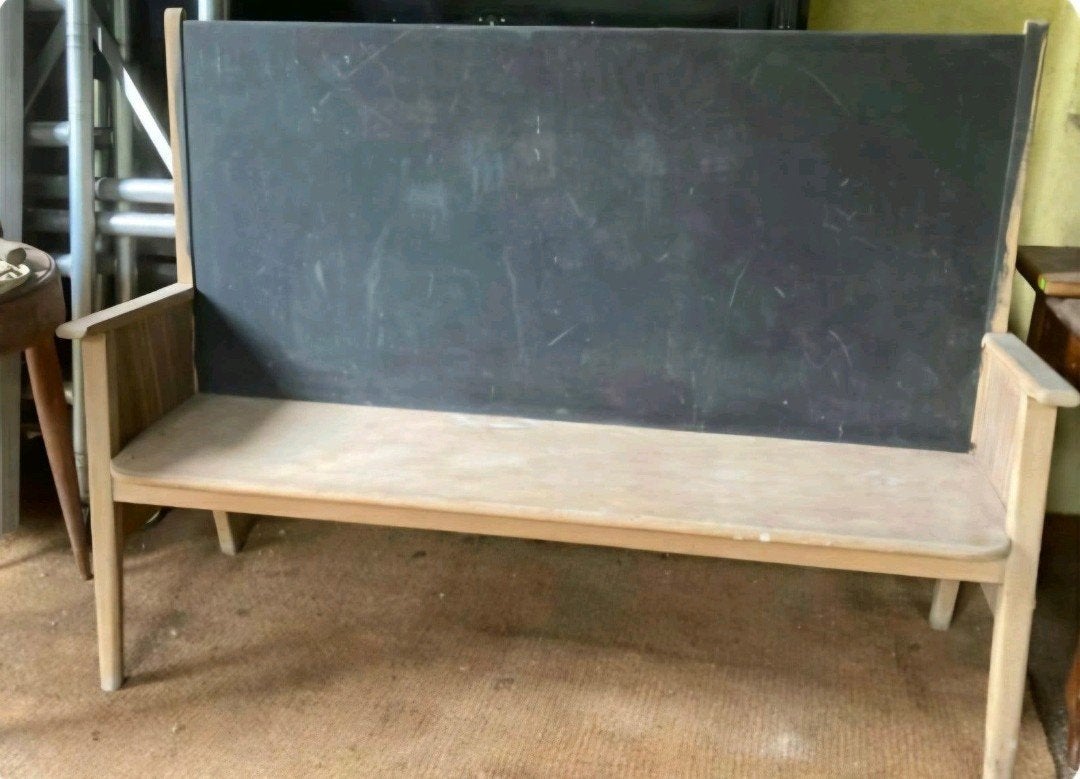 Blikvanger! Vintage Houten Zitbank met Krijtbord Rugleuning, Ophalen, Krijtbord