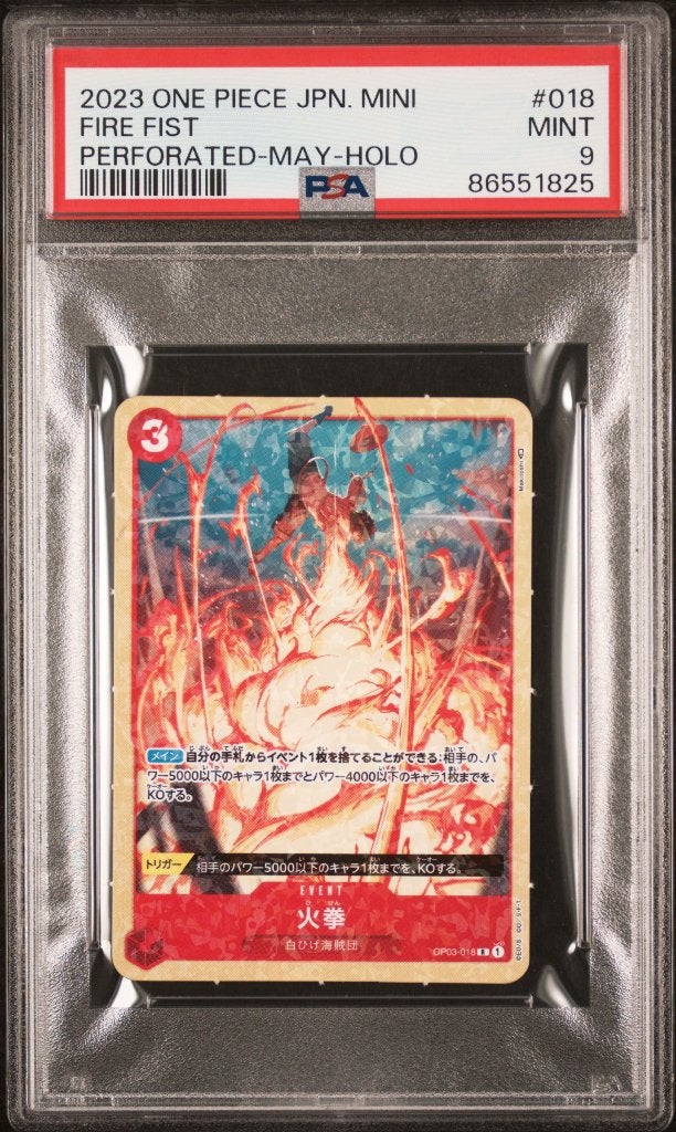 ONE PIECE JUMP MINI PROMO FIRE FIST PERFORATED HOLO PSA 9, Enlèvement ou Envoi, Neuf, Cartes en vrac, Foil