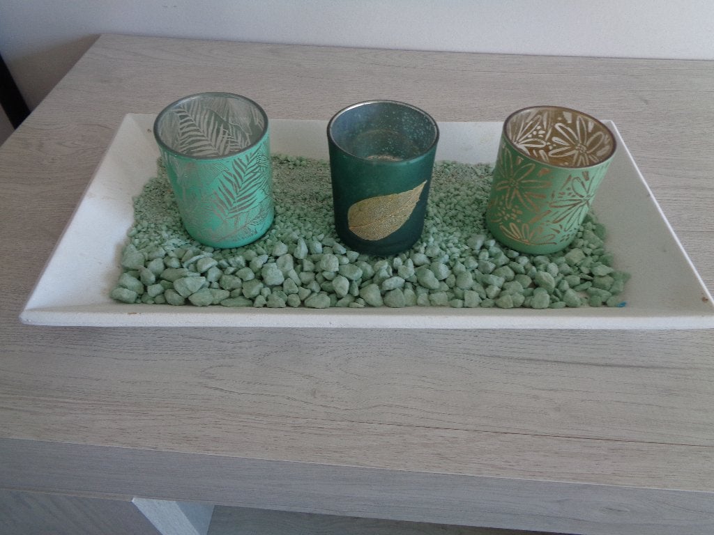 1 mooi houten bordje met 3 theelicht houders, Overige typen, Ophalen of Verzenden, Groen, Glas