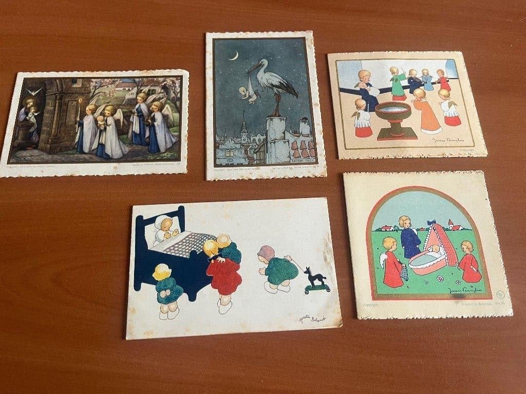 5 prachtige oude geboortekaartjes-Periode 1945-1949, Verzamelen, Ophalen of Verzenden, Voor 1970, Geboortekaartje