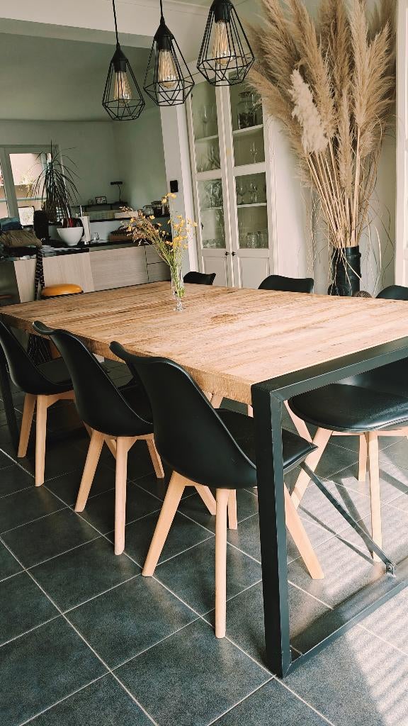 Mangohouten uitschuifbare eettafel + 6 stoelen, Huis en Inrichting, Tafels | Eettafels, Ophalen, Gebruikt, 100 tot 150 cm, Scandinavisch, industrieel