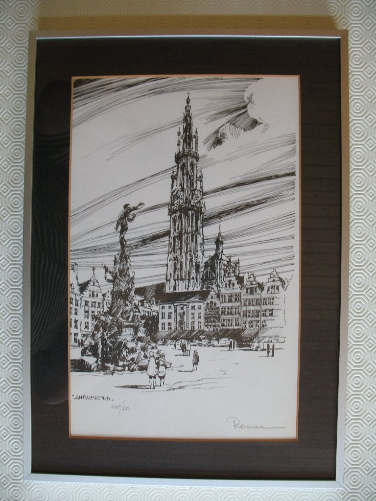 Antwerpen, Brabofontein, ets Thomas Roman, nr 107 van 250,, Enlèvement ou Envoi, Eau-forte, Signé
