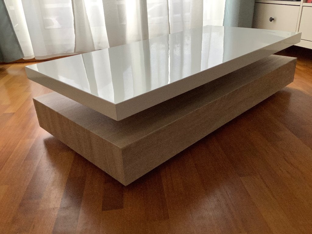 Table basse moderne blanc laqué et bois (117 cm), Maison & Meubles, 100 à 150 cm, Enlèvement, Utilisé, 50 à 100 cm