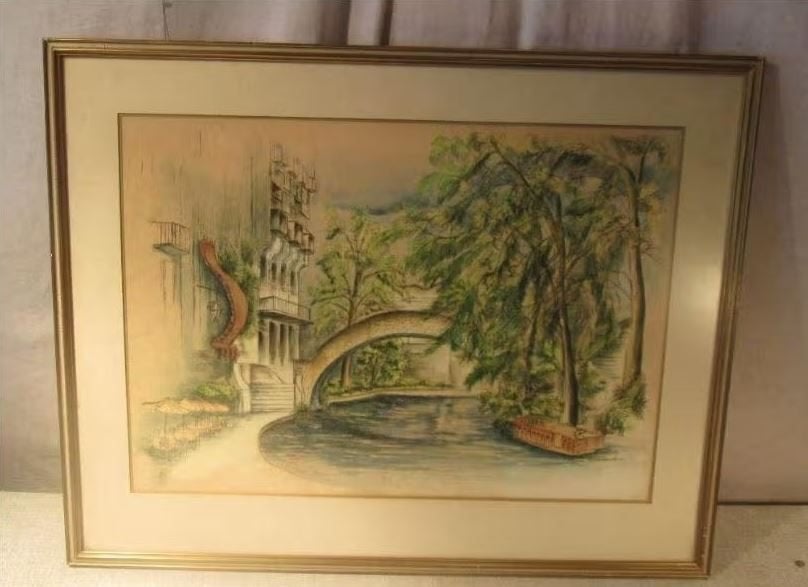 Mooi geschilderd Aquarel 'Brug en Terrasje' - Siebenhausen, Ophalen of Verzenden, Landschap, Aquarel, Gedateerd