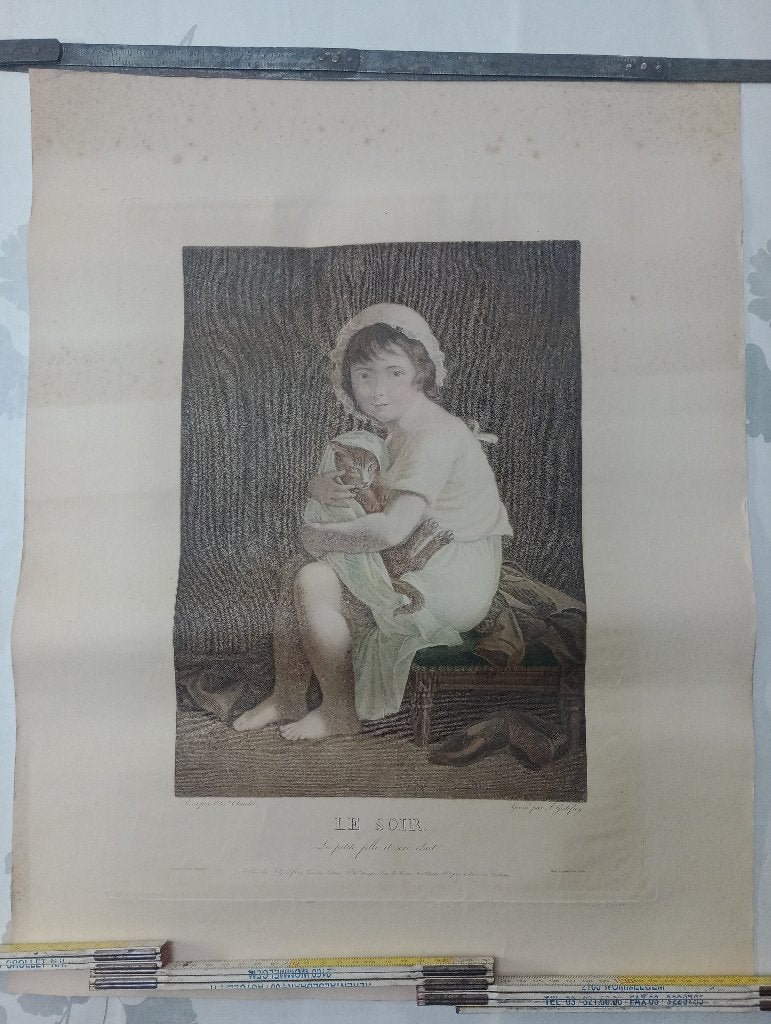 Gravure Ancienne 1827 - Le Soir, Fille et Chat Chaudet, Enlèvement ou Envoi, Gravure