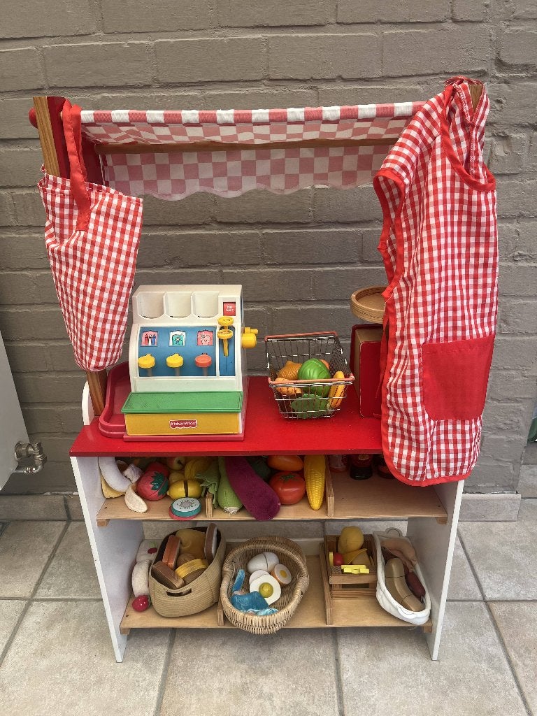 Houten speelwinkeltje / marktkraam met kassa en accessoires, Ophalen, Gebruikt, Meubelstuk of Keukentje