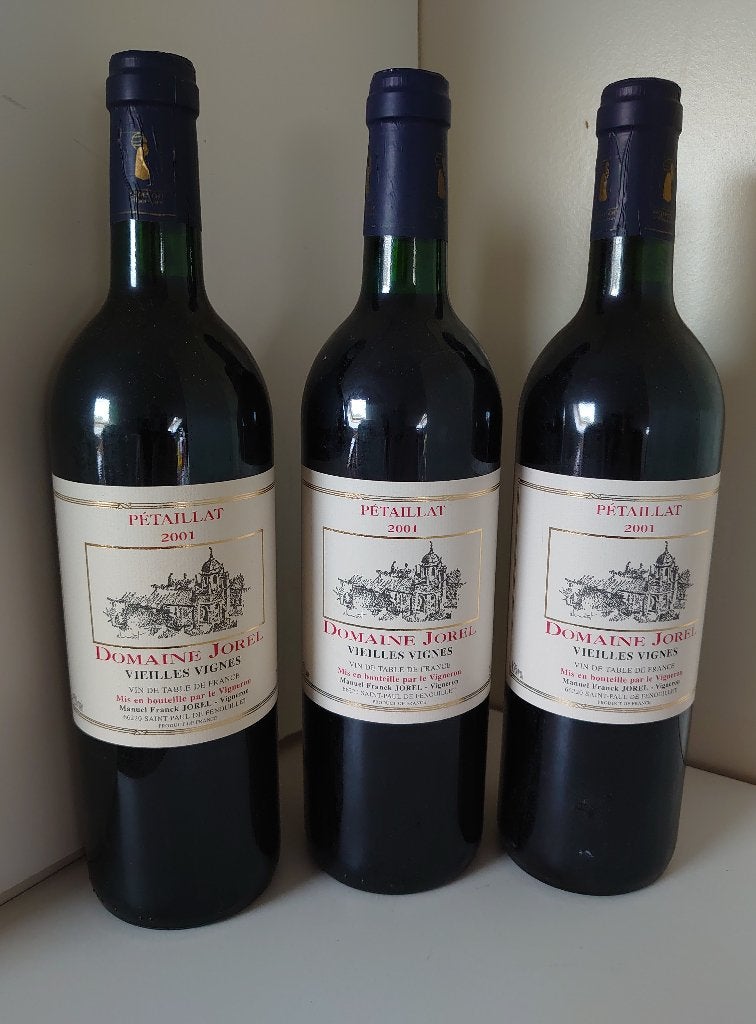 3 flessen rode natuurwijn Domaine Jorel – Pétaillat 2001, Collections, Vins, Pleine, Enlèvement, Vin rouge, France