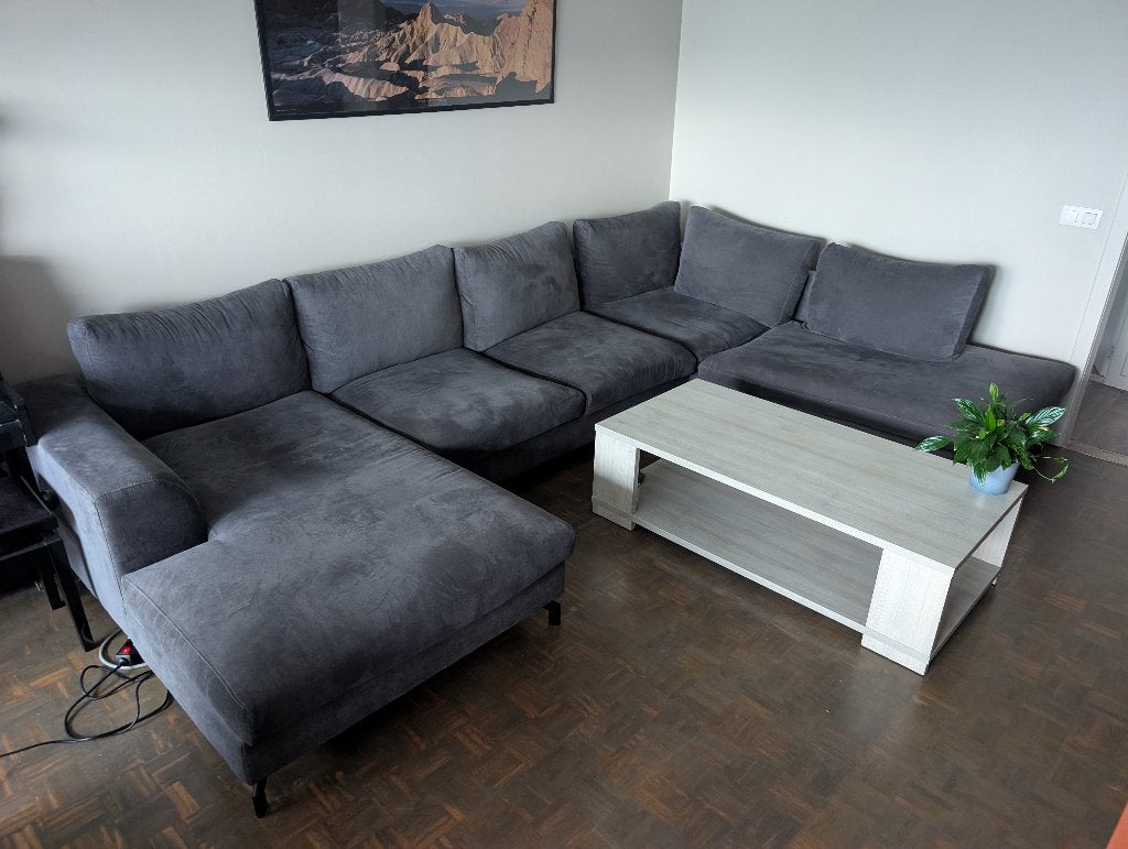 Grote grijze hoekzetel met chaise longue – 360 x 237 cm, Huis en Inrichting, Ophalen, Gebruikt, Grote grijze hoekzetel met chaise longue
