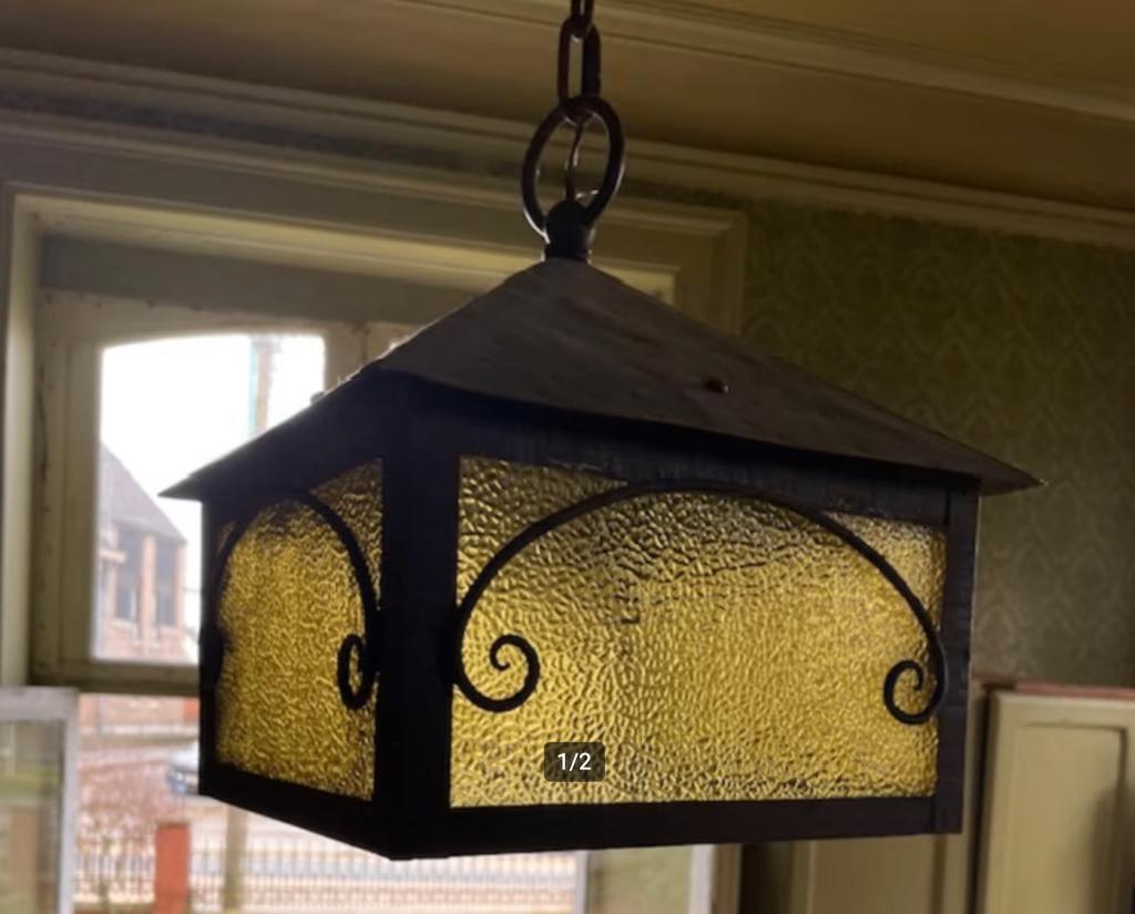 Smeedijzeren lantaarn ijzer bubbelglas okergeel 1930, Huis en Inrichting, Lampen | Hanglampen, Ophalen, Gebruikt, Glas, Tijdloos