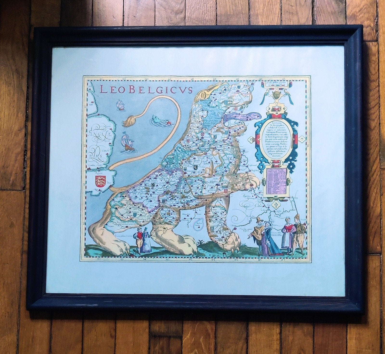 Leo Belgicus – 17 Provincien , ingelijste vintage kaart, Boeken, Atlassen en Landkaarten, Ophalen of Verzenden, België, Landkaart