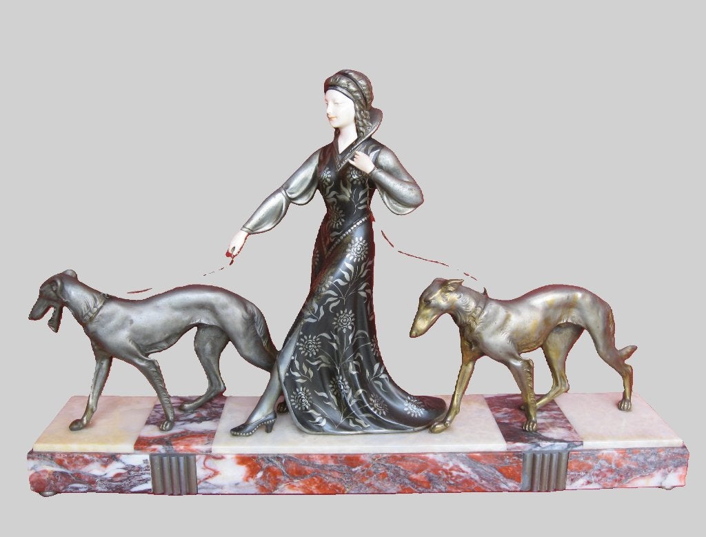R. Scali - Dame met 2 borzoi honden - Art Deco brons i voor., Ophalen, Brons