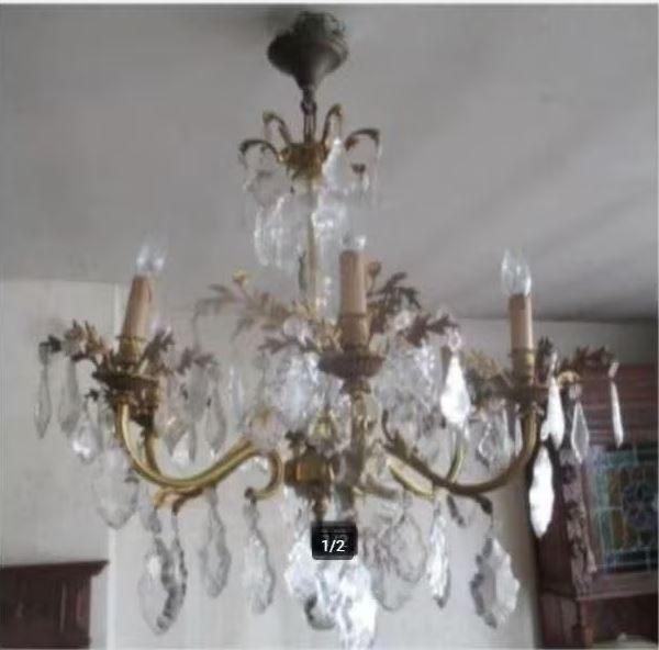 Beau grand lustre en cuivre antique avec cercles de cristal, Enlèvement ou Envoi