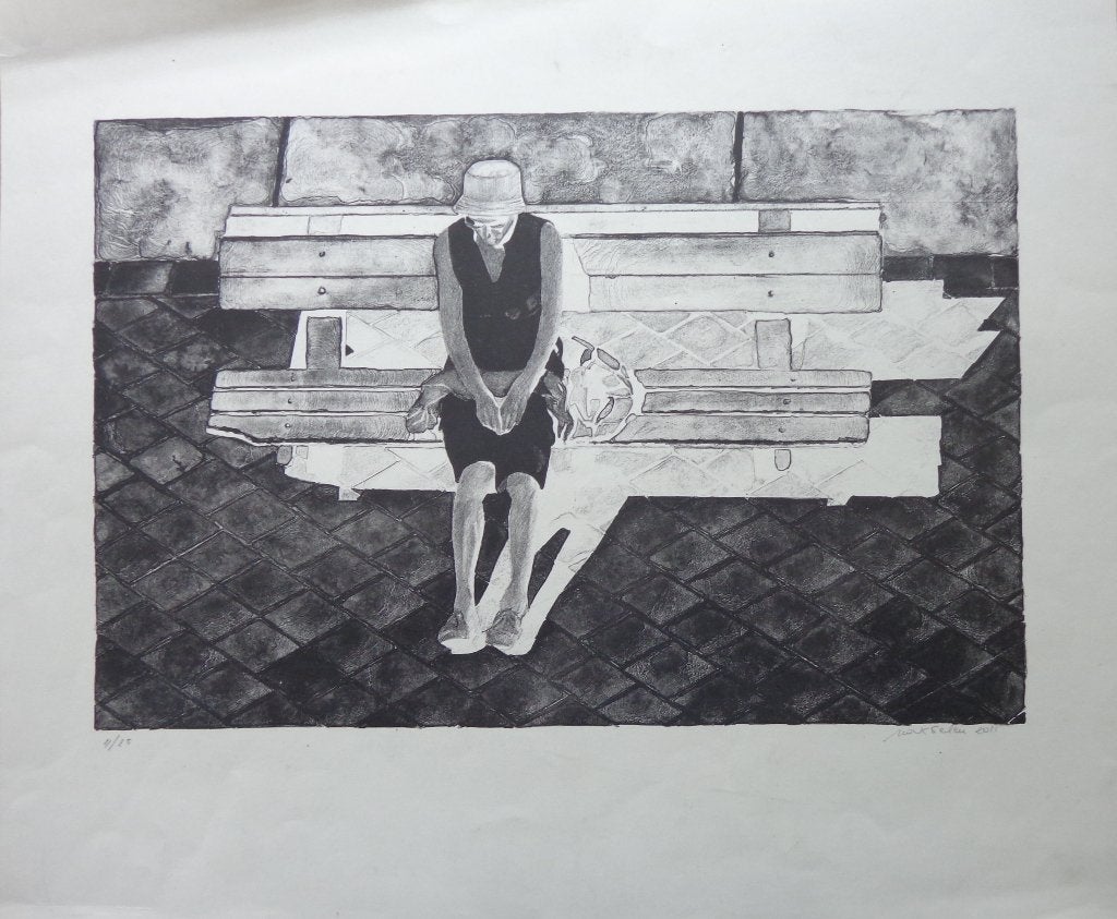 MAX SELEN / RUSTENDE VROUW BANK / ZW-W LITHO / 45x55cm / SIG, Antiquités & Art, Édition limitée, Enlèvement ou Envoi, Portraits et figures