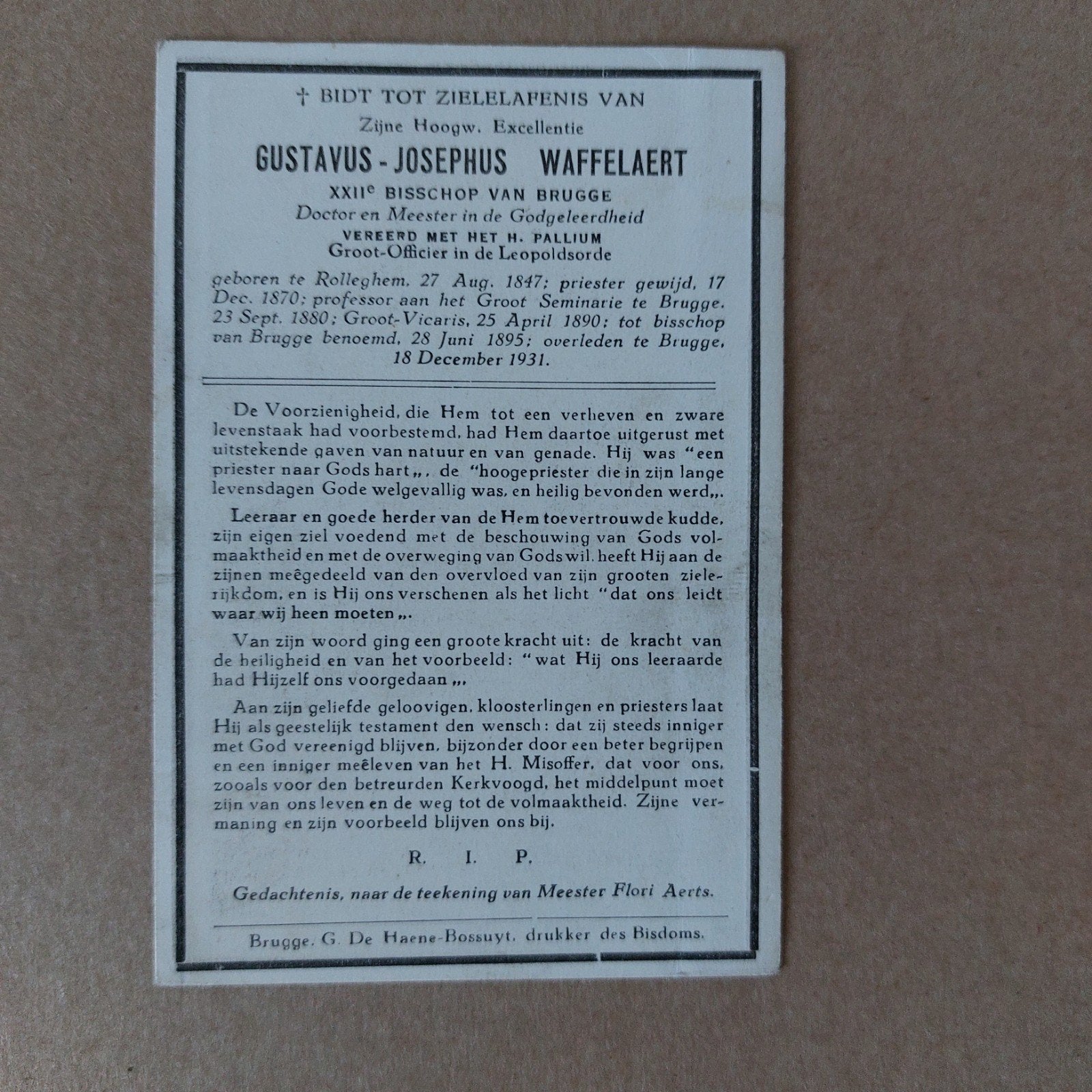 oud bidprentje Mgr Waffelaert 1847 - 1931, Ophalen of Verzenden, Bidprentje