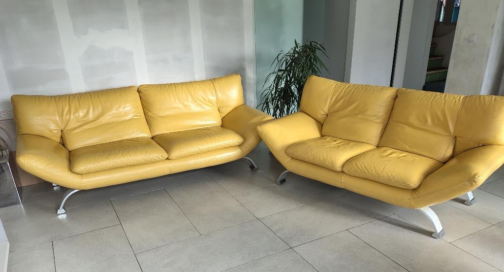 salon cuir jaune canapé 3 places + canapé 2places, Maison & Meubles, Enlèvement, Cuir
