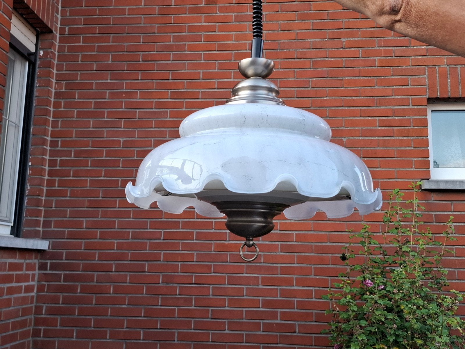 Glazen hangluster in Tin met glazen kap, Ophalen, Zo goed als nieuw, Glas