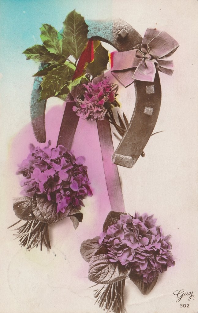 FANTASIE -  Hoefijzer met Paarse Bloemen, Verzamelen, Verzenden, Gelopen, Overige thema's