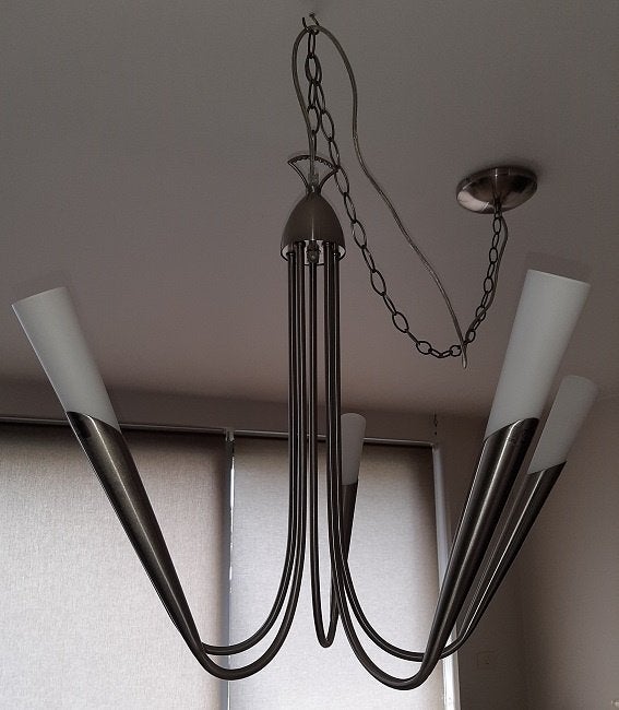 mooie moderne inox luchter met led verlichting, Ophalen, Zo goed als nieuw, Glas, Modern design-stijl