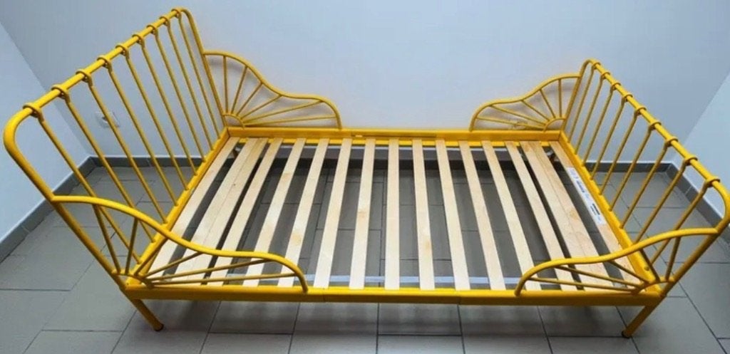 MINNEN Cadre de lit jaune + sommier lattes+matelas, 85 à 100 cm, Enlèvement, Matelas, 180 cm ou plus