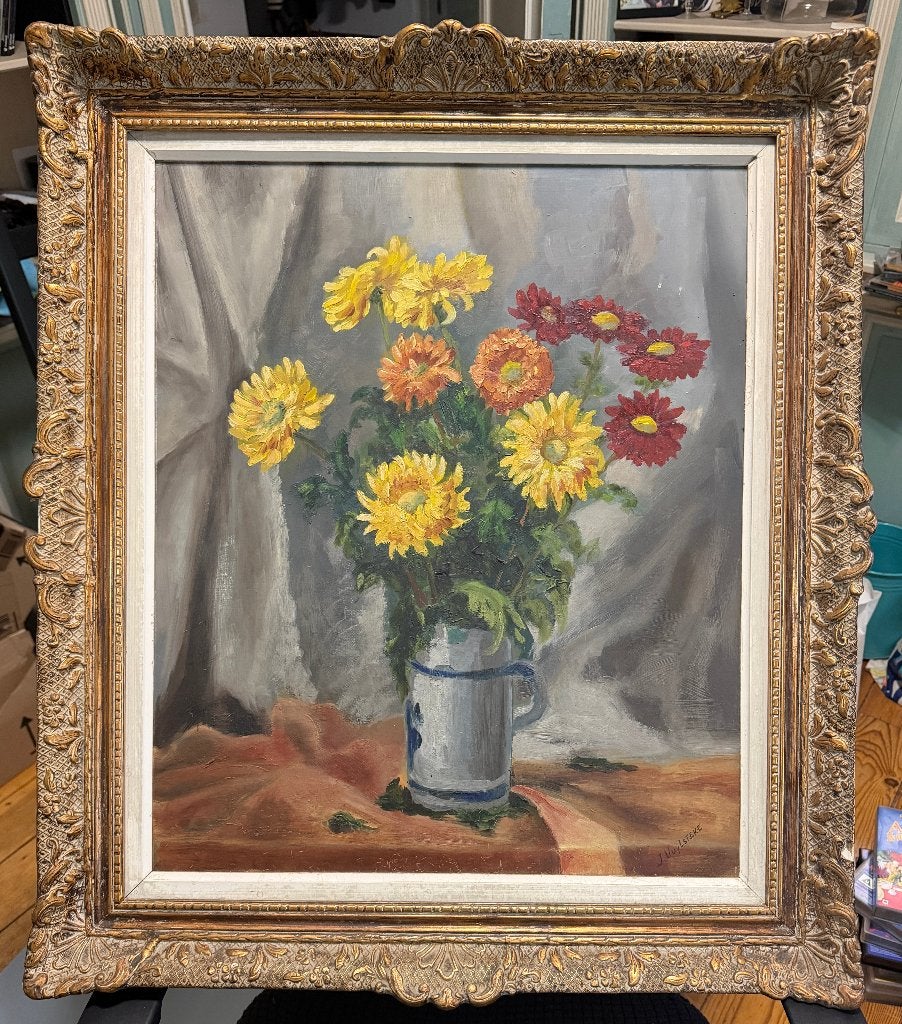 Olieverf op doek - Boeket bloemen - gouden frame, Bloemen, Doek, Ophalen of Verzenden, Gesigneerd