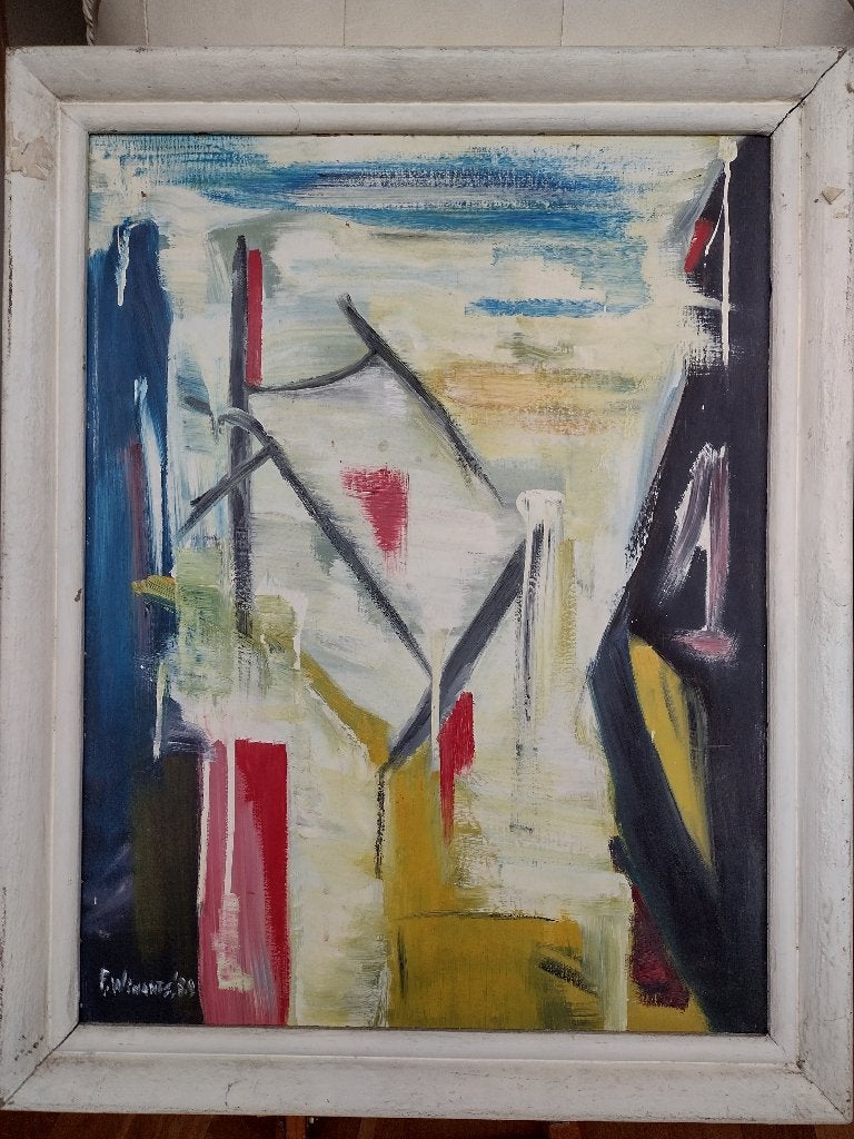 La peinture moderne sur panneau de style Mondrian est, Antiquités & Art, Enlèvement ou Envoi, Signé, Peinture à l'huile, Abstrait