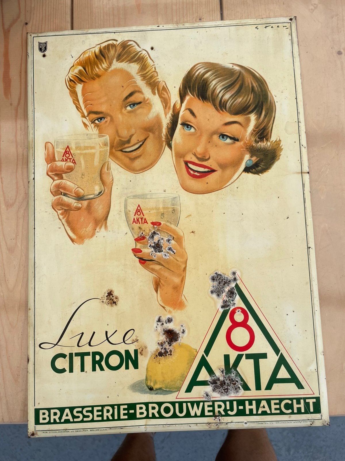 Blikken reclamebord haecht akta 8 1950, Enlèvement ou Envoi, Utilisé, Panneau, Plaque ou Plaquette publicitaire