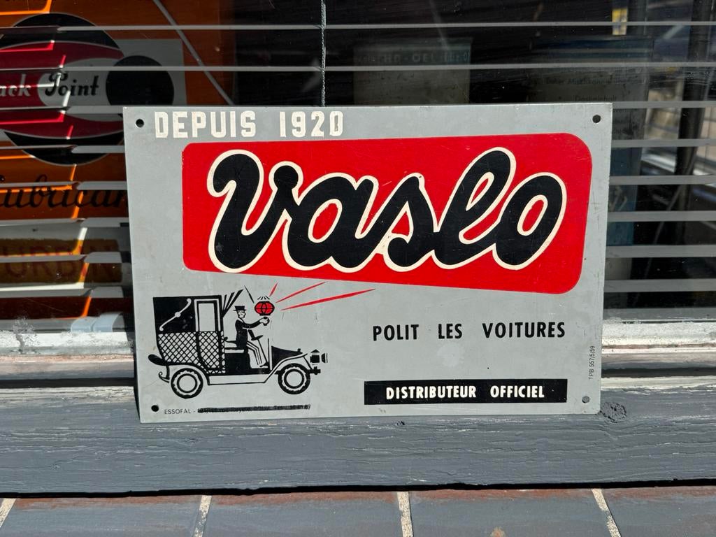 Panneau publicitaire Vaslo, ancien garage, 1959, Collections, Enlèvement ou Envoi, Utilisé, Panneau publicitaire