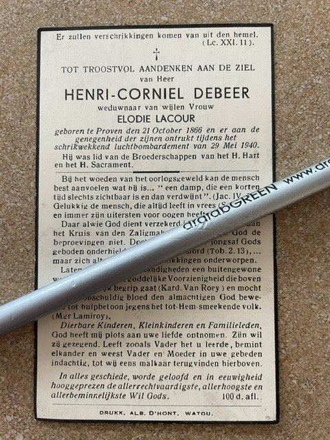 40-45 Proven/Poperinge DEBEER Luchtbombardement MEI 1940, Ophalen of Verzenden, Bidprentje