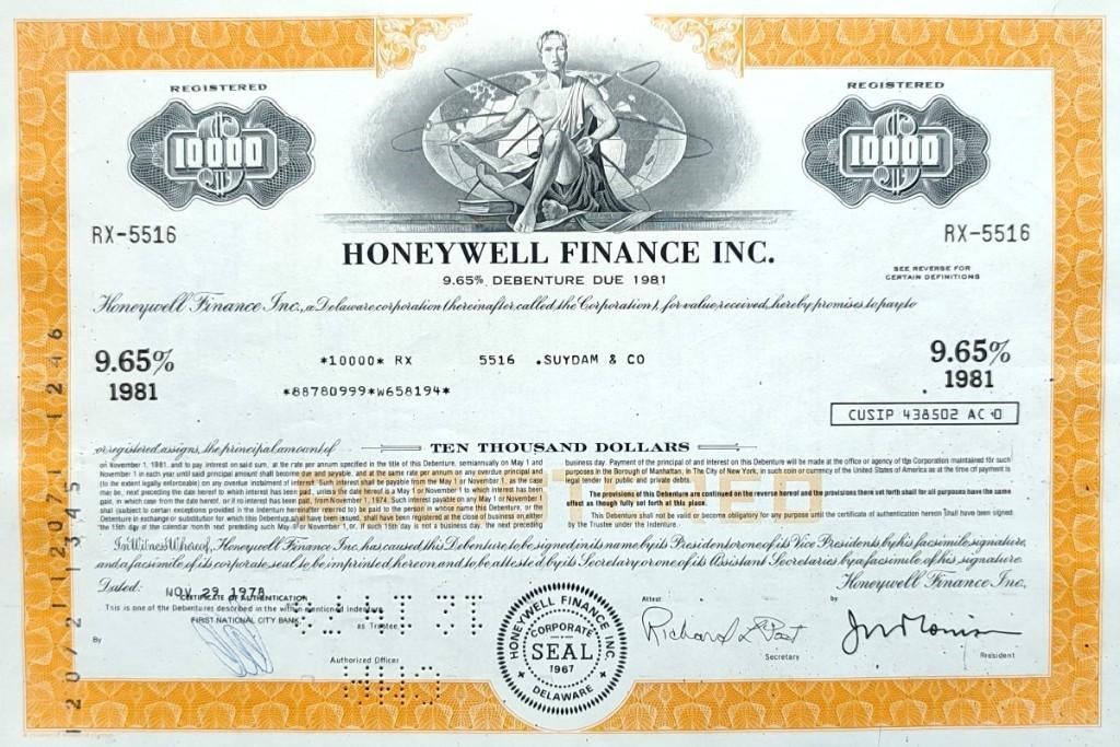 HONEYWELL Finance Inc. (luchtvaart etc.) 1978, Ophalen of Verzenden, 1970 tot heden, Obligatie of Lening