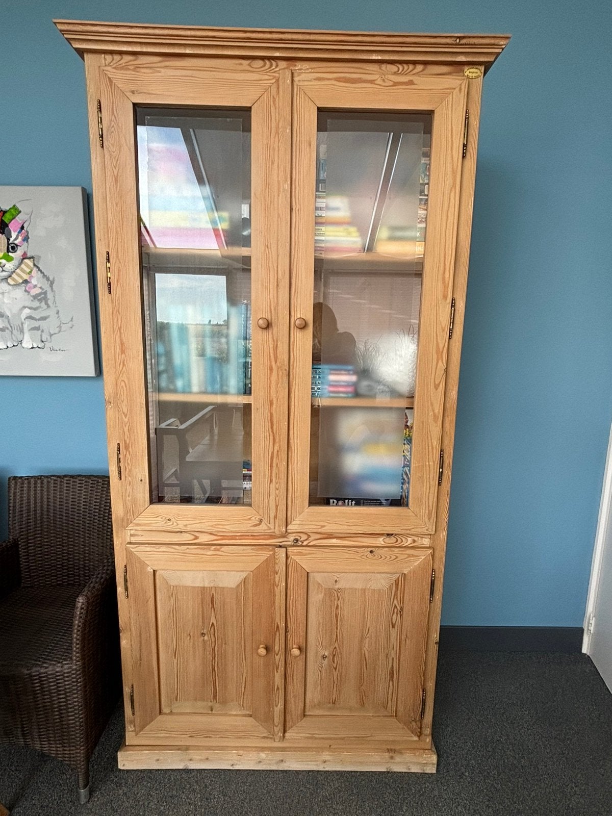 Grenen kast met boven deuren met glas, Huis en Inrichting, Kasten | Vitrinekasten, Ophalen, 100 tot 150 cm, Landelijk - grenen hout