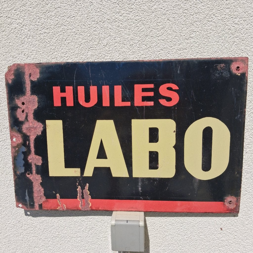 Emaille reclamebord olie LABO ca 1950, Ophalen of Verzenden, Gebruikt, Reclamebord