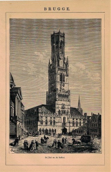 Gravure ancienne Bruges (Belgique) - Le Hall et le Belfroi, Avant 1940, Gravure, Enlèvement, Utilisé