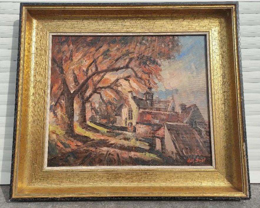 huile sur toile eglise signe adhemar smet, Antiek en Kunst, Ophalen, Doek