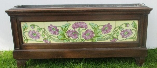 exceptionnel bac à fleurs art nouveau en chêne avec carreaux, Enlèvement