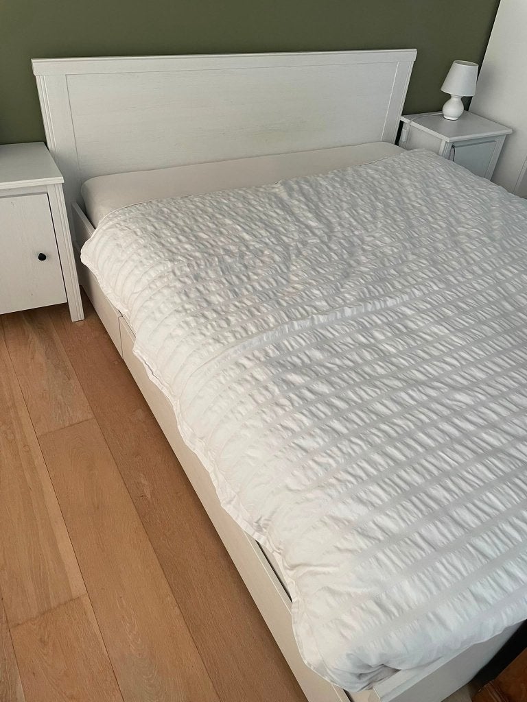 Bed 160cm met 2 lades + 2 nachtkastjes + matras, Enlèvement, Utilisé, 200 cm, Blanc