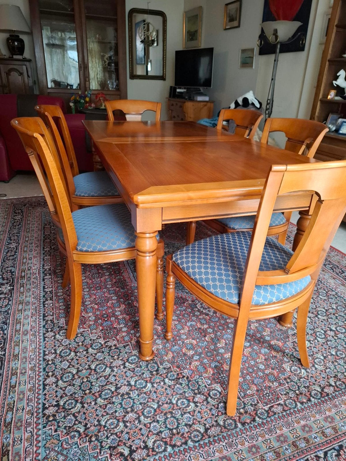 Eettafel 90 x 180 cm met 6 stoelen kersenhout, Huis en Inrichting, Ophalen, Zo goed als nieuw, 4 tot 6 stoelen